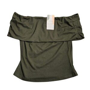 NWT | Off-The-Shoulder Top | Rib-Knit | Folded Bardot Neckline | Green | M